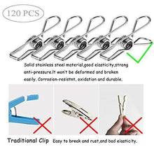 Load image into Gallery viewer, Discover 120 pack stainless steel cloth pin 2 2 inch clothesline hook for socks towel bag scarfs hang drying rack tool laundry kitchen cord wire line clothespins pegs file paper bookmark s binder metal clip