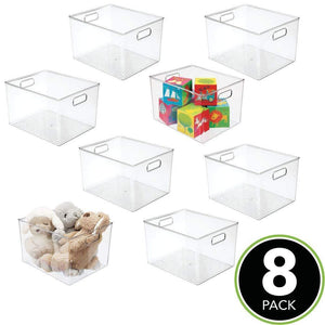 The best mdesign deep plastic home storage organizer bin for cube furniture shelving in office entryway closet cabinet bedroom laundry room nursery kids toy room 12 x 10 x 8 8 pack clear