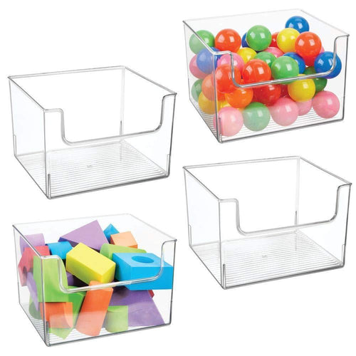 Budget friendly mdesign deep plastic home storage organizer bin for cube furniture shelving in office entryway closet cabinet bedroom laundry room nursery kids toy room open front 12 wide 4 pack clear