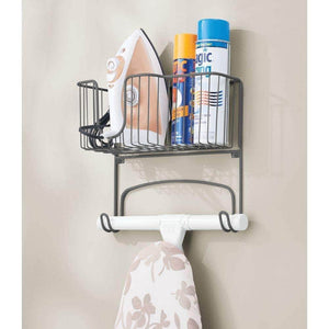 Buy mdesign metal wall mount ironing board holder with large storage basket holds iron board spray bottles starch fabric refresher for laundry rooms graphite gray