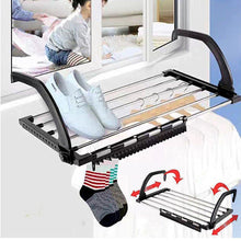 Load image into Gallery viewer, Featured candumy folding laundry towel drying rack balcony windowsill fence guardrail corridor stainless steel retractable clothes hanging racks with clips for drying socks set of 2