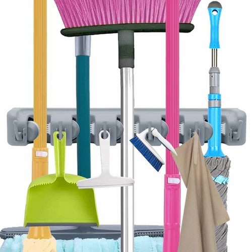 Amazon mop broom holder garden tools wall mounted commercial organizer saving space storage rack for kitchen garden and garage laundry offices5 position with 6 hooks