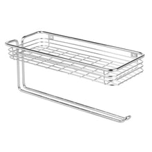Load image into Gallery viewer, Top mdesign wall mount metal storage organizers for kitchen includes paper towel holder with multi purpose shelf and broom mop holder with 3 hooks for pantry laundry garage 2 piece set chrome