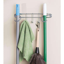 Load image into Gallery viewer, Storage mdesign wall mount metal storage organizers for kitchen includes paper towel holder with multi purpose shelf and broom mop holder with 3 hooks for pantry laundry garage 2 piece set chrome