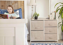 Load image into Gallery viewer, Results east loft storage cube dresser organizer for closet nursery bathroom laundry or bedroom 5 fabric drawers solid wood top durable steel frame natural