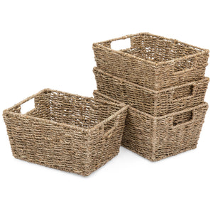 Set of 4 Seagrass Storage Laundry Organizer Tote Baskets w/ Insert Handles